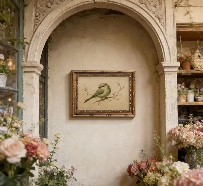 Vintage Gold Framed Wall Art Spring Bird Oil Painting Canvas Print Watercolor - Image 2