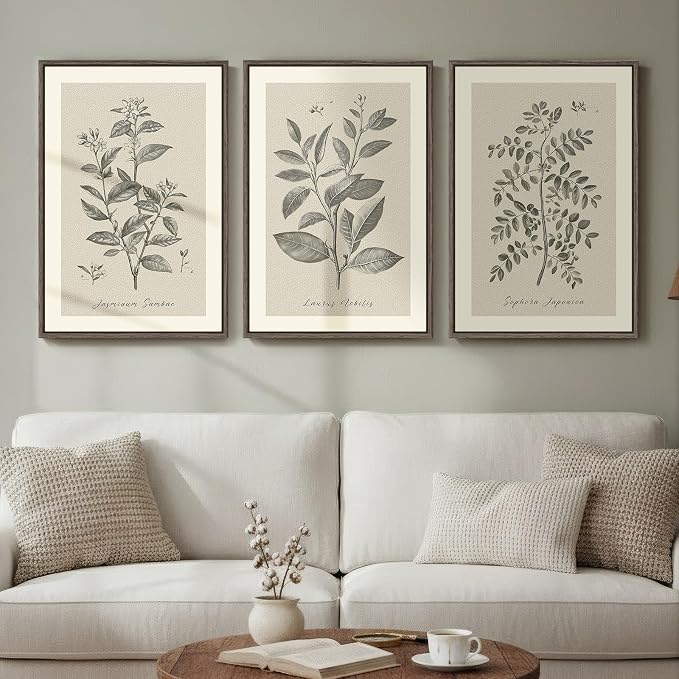 Framed Vintage Botanical Wall Art, 3 Piece Neutral Floral Plants Canvas by Cuspin