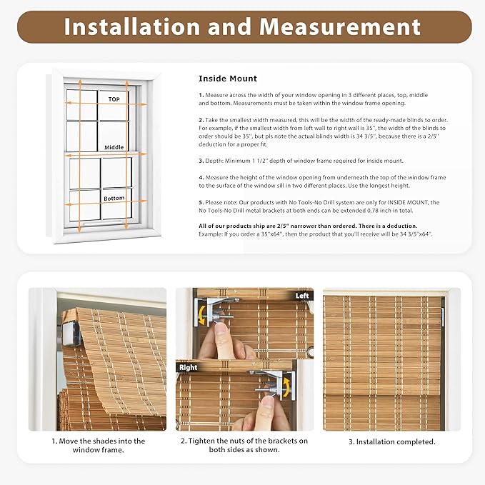 LazBlinds No Tools No Drill Cordless Bamboo Roman Shades, Custom Privacy Light - Image 3