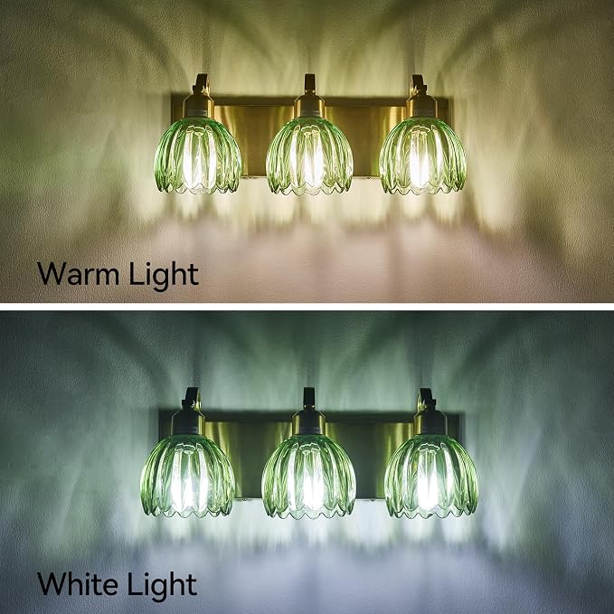 3-Light Vanity Lights with Green Tulip Glass Shade, Vintage Vanity Wall Sconce - Image 5