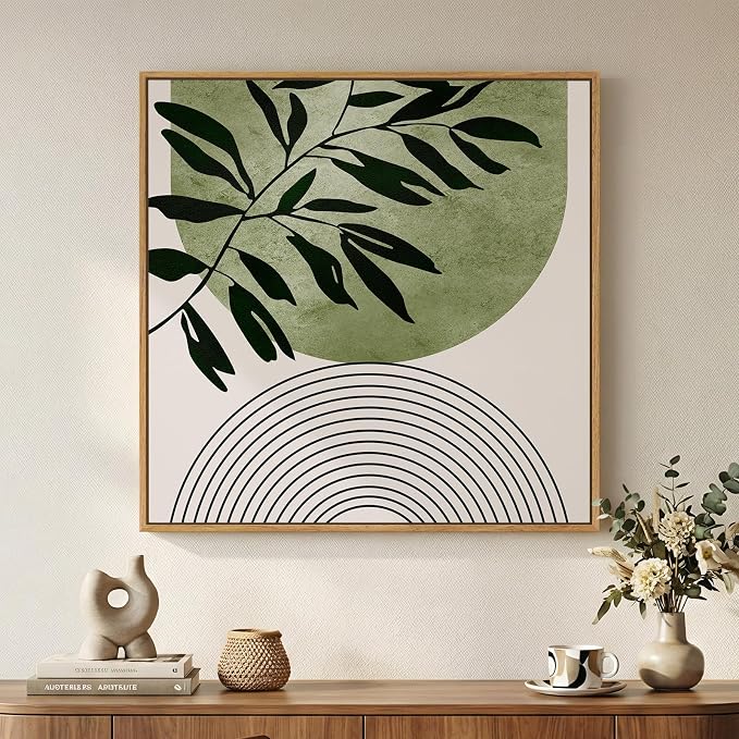 Framed Green Boho Botanical Wall Art, Sage Green Abstract Paintings Artwork by Cuspin