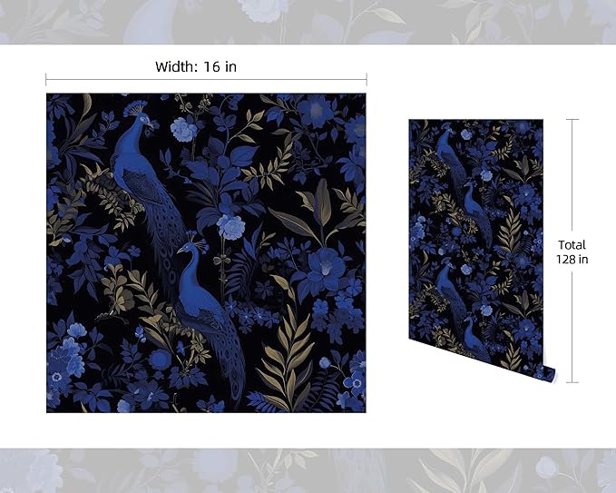 FLFK Black and Dark Blue Peacock Wallpaper, Peel and Stick Wall Mural - Image 2