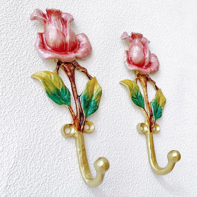 Vintage Rose-Shaped Decorative Wall Hooks, 2 Pack Hand-Painted Floral Metal - Image 3