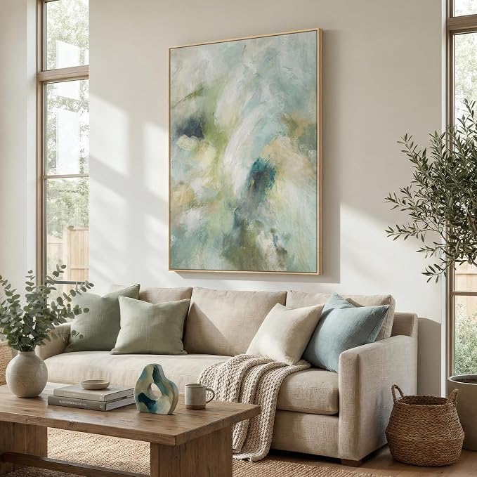 Extra Large Framed Teal Abstract Wall Art, Oversized Vertical Sage Green Canvas - Image 2