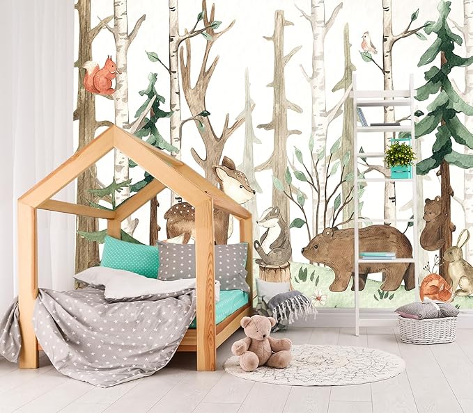 XMPMBM-Cartoon Hand-Painted Animals Woodland Nursery Room Fabric Wallpaper by XMPMBM-Wallpaperthatwontpeeloff