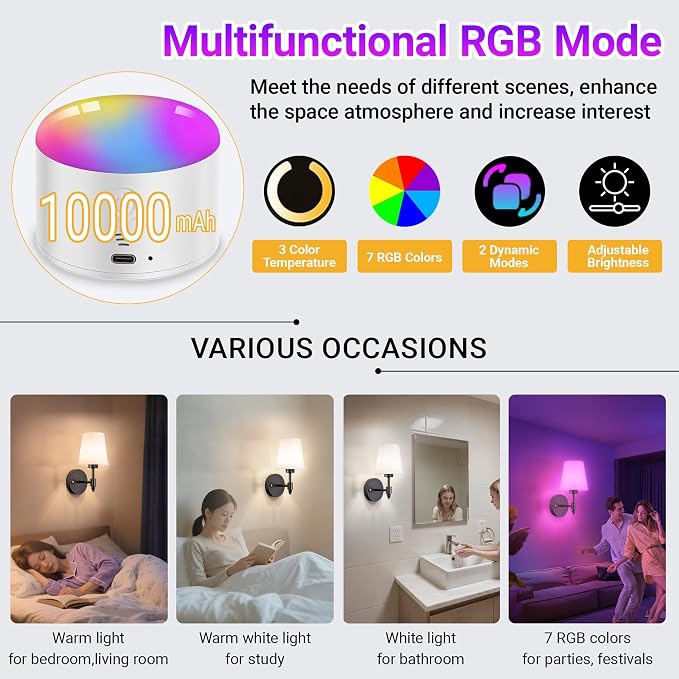 YHCDLAMP Battery Operated Wall Sconces Set of Two, Rechargeable Wireless Wall - Image 3