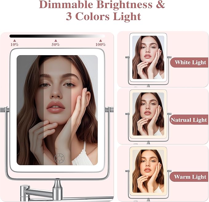 Wall Mounted Lighted Makeup Mirror, Rectangle Double Sided 1X/7X Magnifying - Image 3