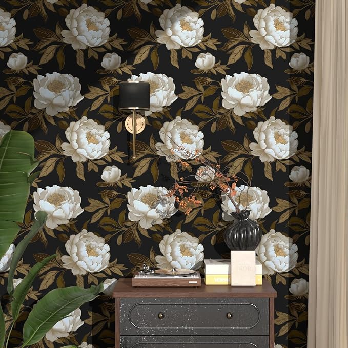 Laatse Peony Floral Wallpaper Peel and Stick Gold Leaf Contact Paper Modern - Image 3