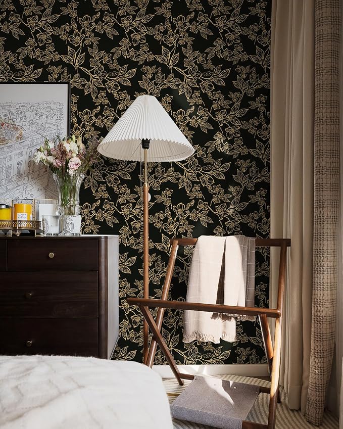 Ismoon Floral Peel and Stick Wallpaper Vintage Black and Gold Contact Paper - Image 8