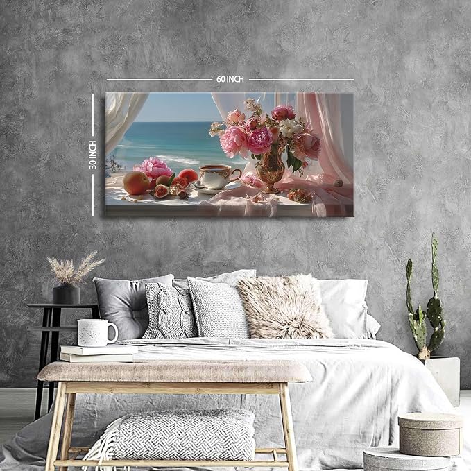 Vintage Pink Flower Wall Art Retro Flowers in Golden Vase Pictures Blue Ocean - Image 3