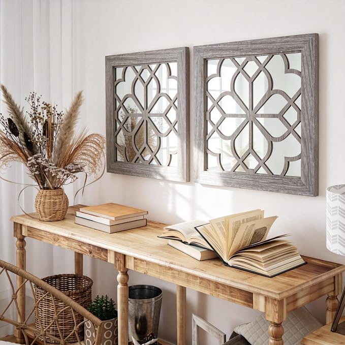 Set of 2 14 Inch Square Brown Window Pane Wall Mirrors, Shatterproof Rustic - Image 3
