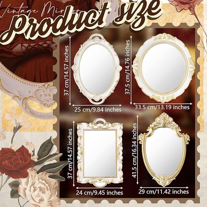 Beeveer 4 Pcs Vintage Gold Mirrors Set Decorative Hanging Wall Decor - Image 2