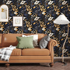 Laatse Vintage Dark Floral Wallpaper Peel and Stick Blue/Gold Leaf Wallpaper - Image 3
