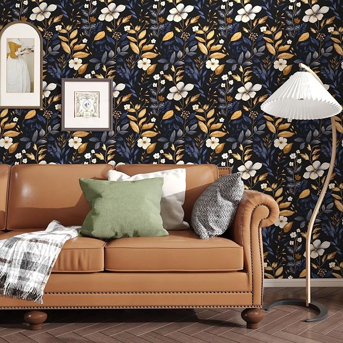 Laatse Vintage Dark Floral Wallpaper Peel and Stick Blue/Gold Leaf Wallpaper - Image 3