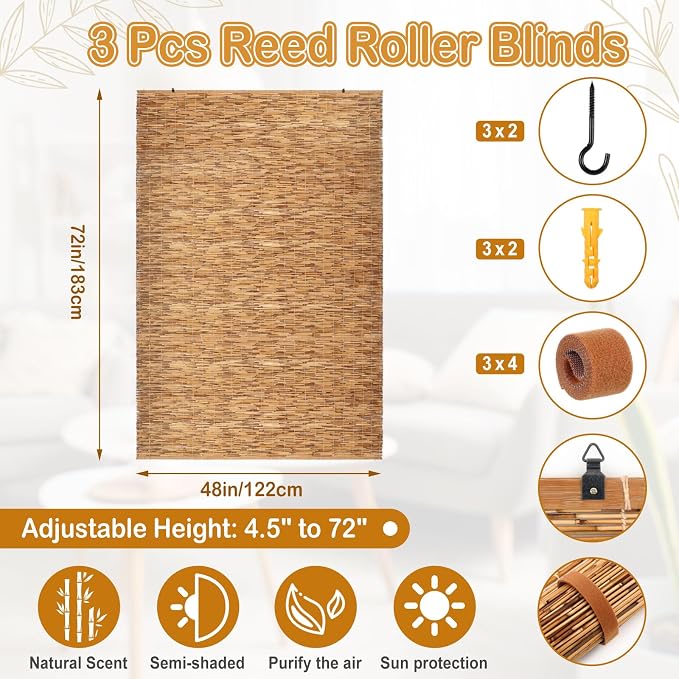 DoubleFill 3 Pcs Bamboo Shades Outdoor Reed Roll Up Blinds 48" W x 72" H - Image 2