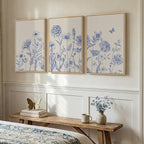Framed Neutral Chinoiserie Blue Botanical Wall Art, 3 Piece Minimalist Floral - Image 2
