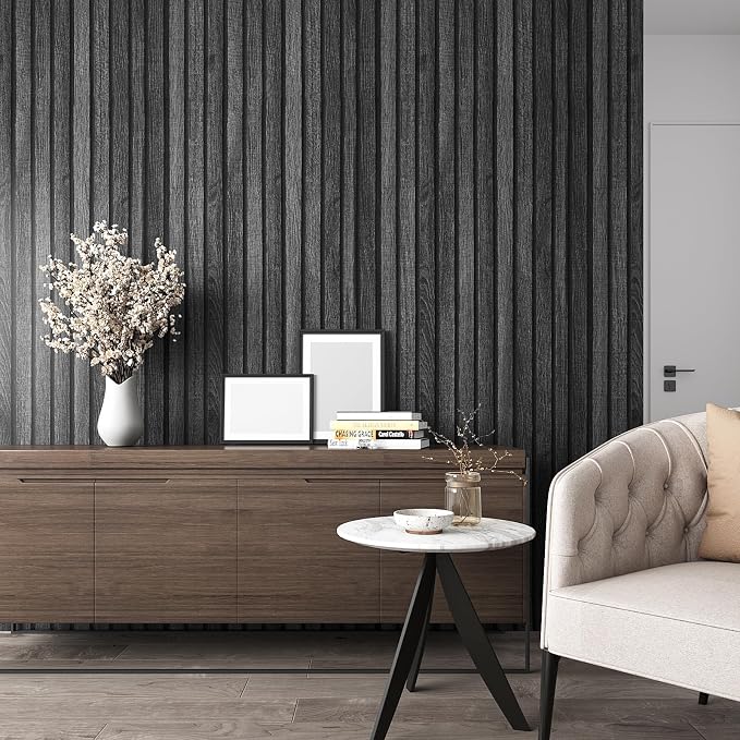 VEELIKE Charcoal Black Wood Slat Peel and Stick Wallpaper 24''x118'' Modern - Image 2