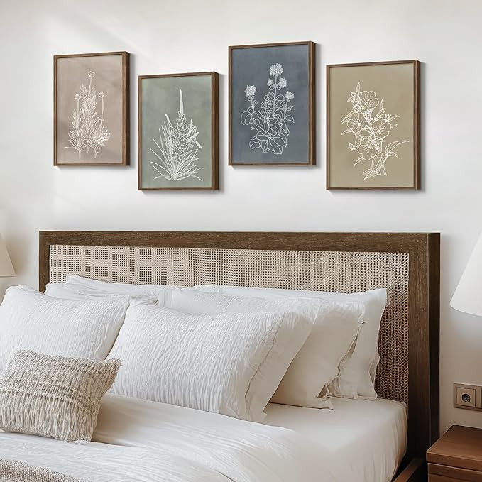 Boho Framed Botanical Wall Art for Bedroom, 4 Piece Vintage Neutral Floral - Image 2