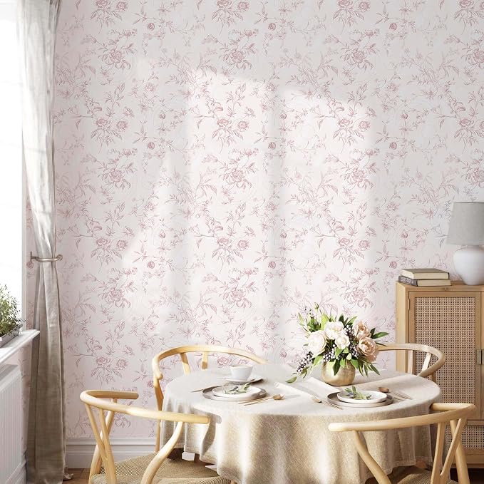 Ismoon Floral Wallpaper Peel and Stick Pink Stick on Wall Paper Vintage French - Image 3