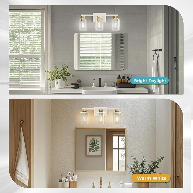 DORESshop 17 Inch Bathroom Light Fixtures, 3-Light White and Gold Bathroom - Image 3