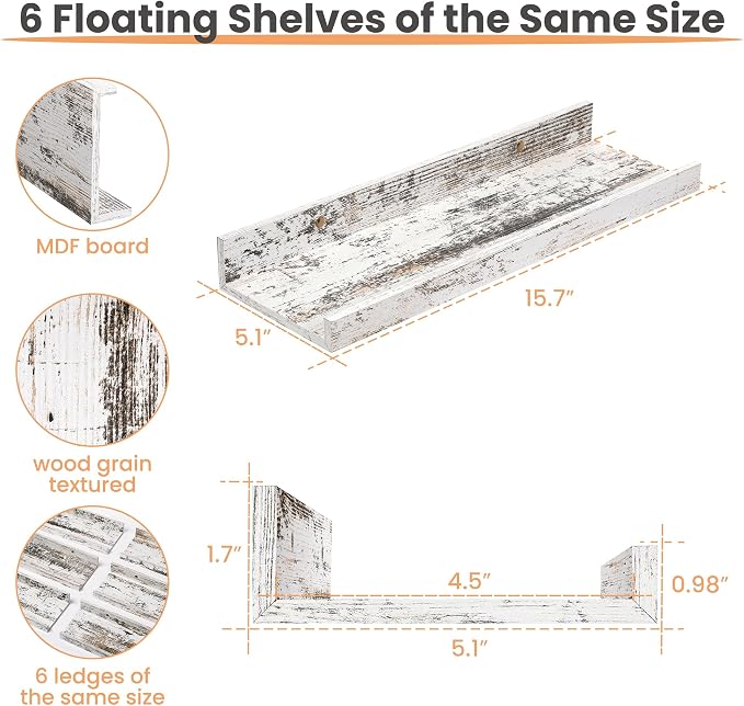 upsimples Floating Shelves for Wall, Wall Shelves for Decor Storage Set of 6 - Image 3