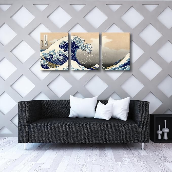 Wieco Art Great Wave of Kanagawa Katsushika Hokusai 3 Piece Modern Canvas - Image 2