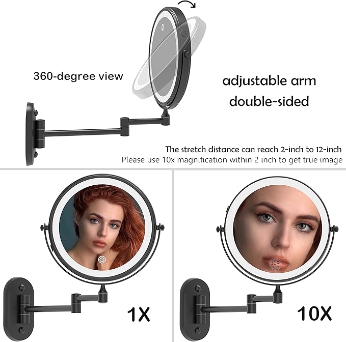 Ruacq Rechargeable Makeup Mirror Matte Black Double Sided Vanity Mirror - Image 5