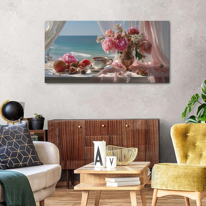 Vintage Pink Flower Wall Art Retro Flowers in Golden Vase Pictures Blue Ocean - Image 4