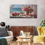 Vintage Pink Flower Wall Art Retro Flowers in Golden Vase Pictures Blue Ocean - Image 4