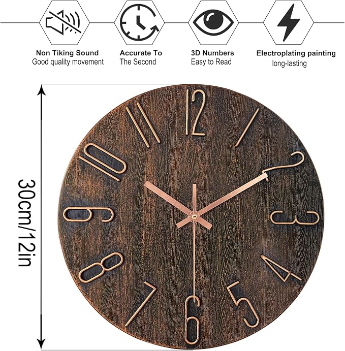 AIRUIFU Wall Clock 12 Inch Non-Ticking Silent Battery Operated Round Wall Clock - Image 2