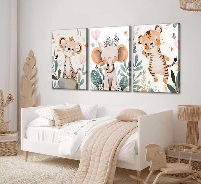 3 Pcs Safari Animals Nursery Canvas Wall Art Jungle Animals Cheetah Elephant - Image 3