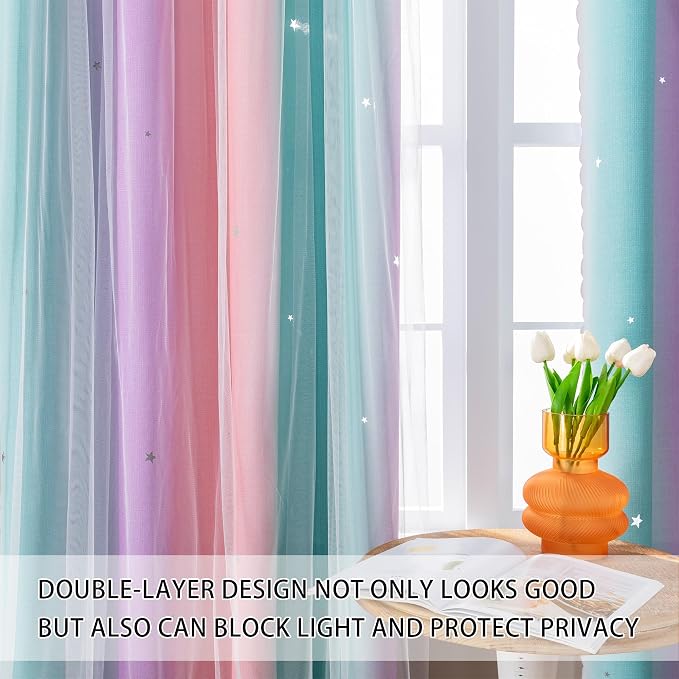 XiDi Curtains for Bedroom Decor, Kids Room Curtains for Girls Rainbow Colour - Image 4
