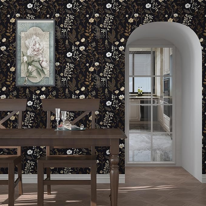 Vintage Dark Floral Wallpaper, Moody Black Leaf Botanical Removable Contact - Image 4