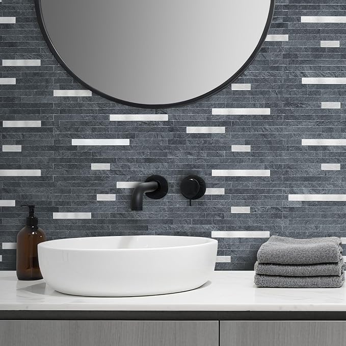 AULIGET 20 Sheets Black Slate Peel and Stick Backsplash, PVC Mixed Metal Silver - Image 6