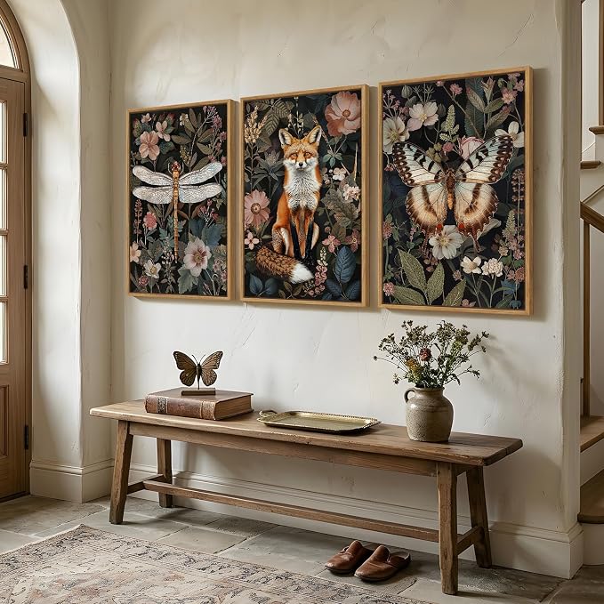 Framed Vintage Botanical Animal Wall Art Set of 3, Dark Floral Butterfly - Image 2