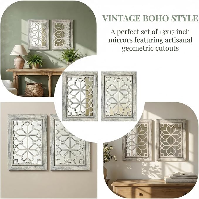 Set of 2 13x17 Inch Rectangular Shatterproof Decorative Wall Mirrors, Boho - Image 4