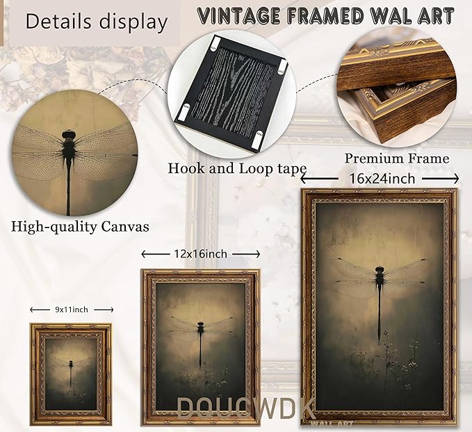 Vintage Gold Framed Wall Art Retro Dark Dragonfly Painting Canvas Prints Gothic - Image 5