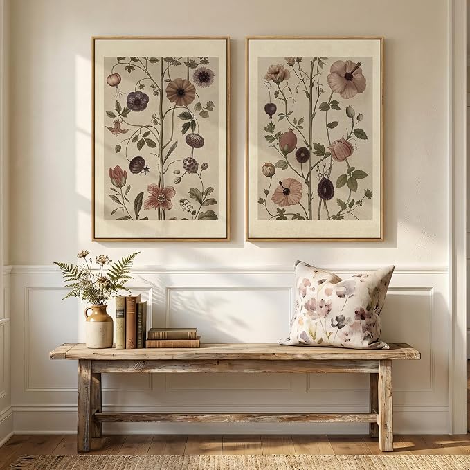 Large Framed Vintage Botanical Wall Art Set of 2, Neutral Antique Floral Canvas - Image 8