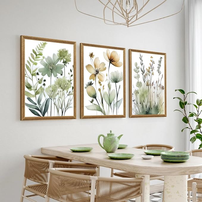 SYWENNOI 3 Pieces Wood Framed Green Botanical Canvas Wall Art, Boho Floral - Image 4