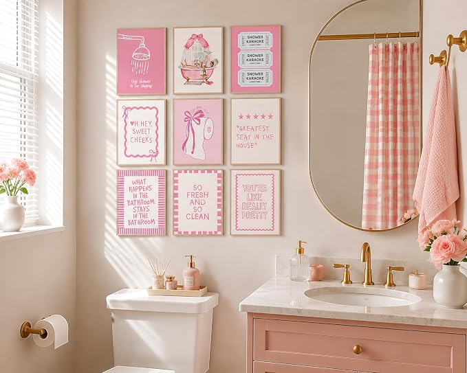 tgguytiy 9Pcs Pink Bow Bathroom Wall Art Prints, Coquette Bowknot Aesthetic - Image 6