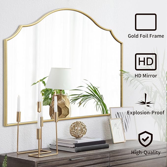Besdomus Gold Scalloped Wall Mirror: 40"x29" Large Modern Minimalist Bathroom - Image 2