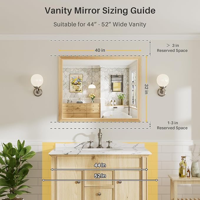 40x32 Inch Bathroom Mirror for Wall, Anti-Rust Oak Wood Grain Metal Framed - Image 2