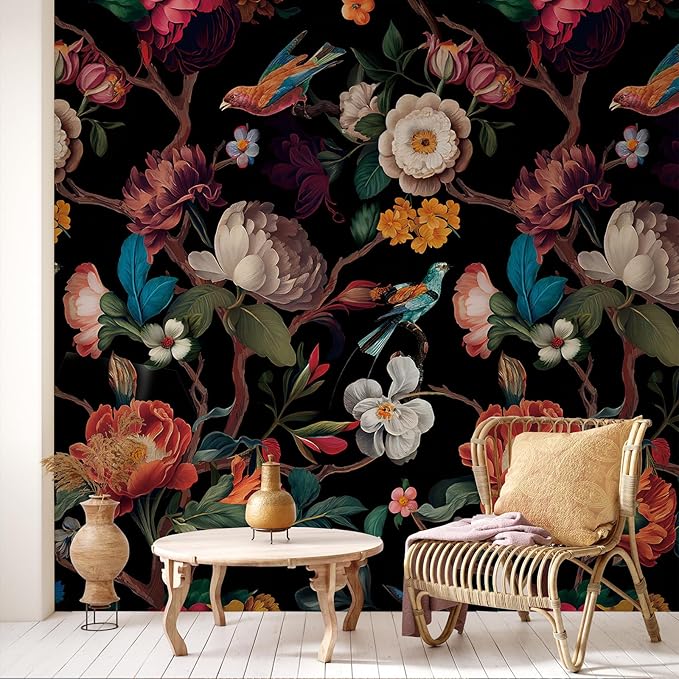 Zeeko Floral Wallpaper Black Peel and Stick Wall Mural Canvas Fabric Vintage - Image 2