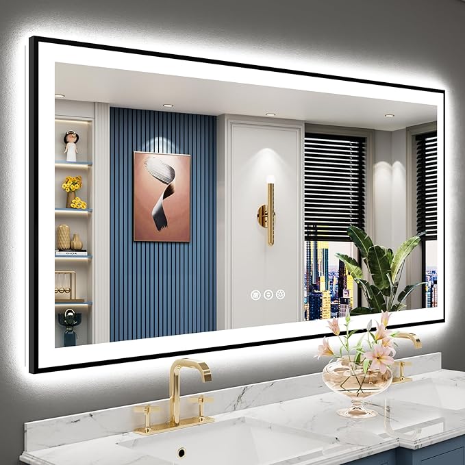 60x30 Black Framed LED Bathroom Mirror by Awandee