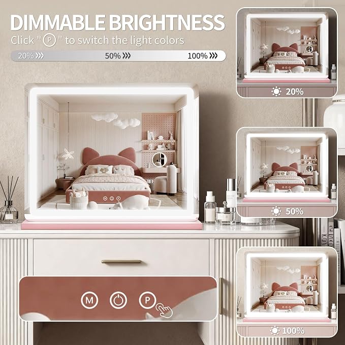ROLOVE Pink Makeup Mirror with Lights, 23x18 Inch - Image 4