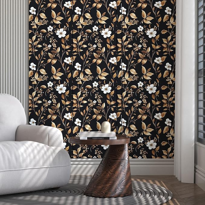 Vintage Black Peel and Stick Wallpaper – Black and Gold Floral Leaf Design Dark - Image 6