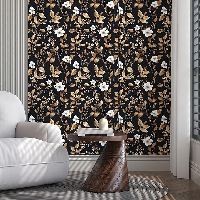 Extra Long Vintage Gold Wallpaper, 17.5" x 393" Classic Black and Gold Floral - Image 5