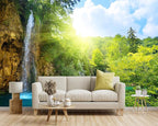 -Green Lake Waterfall Scenery Fabric Wallpaper Living Room Woodland Forest - Image 2