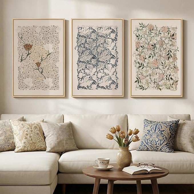 Large Framed William Morris Wall Art Set of 3, Vintage Neutral Botanical Floral by Cuspin