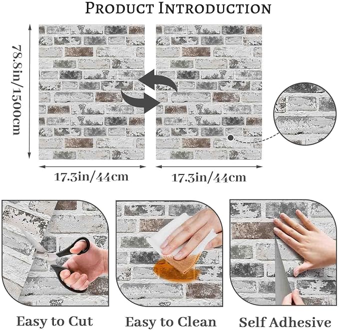Brick Wallpaper Peel and Stick Wallpaper 17.3"x590" Grey and White 3D Brick - Image 3